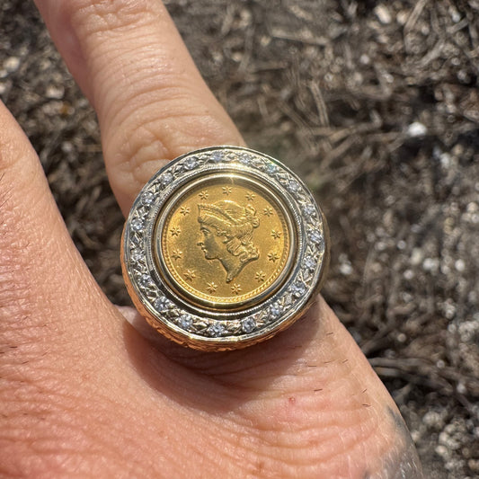 1853 $1 Gold Liberty Coin (22k) Solid 14k Yellow Gold Natural Diamond Halo Nugget Ring (7)