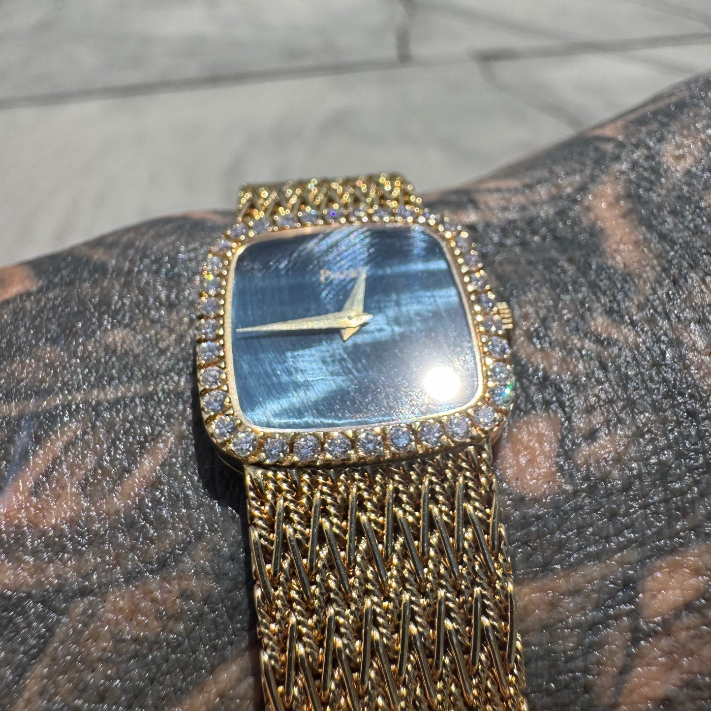 Late 1970’s/Early 1980’s Piaget Solid 18k Yellow Gold Factory Diamond Bezel Falcons Eye Stone Dial 9908 D11 Watch (7.5”)