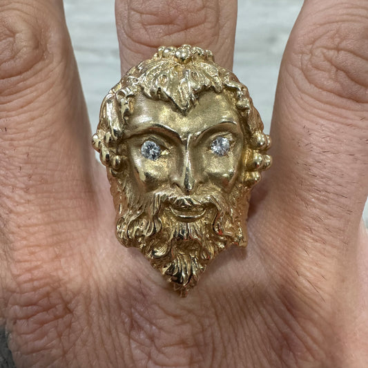 Vintage Custom Made Solid 14k Yellow Gold Natural VS Diamond Heavyweight Dionysus Greek God Ring (11)