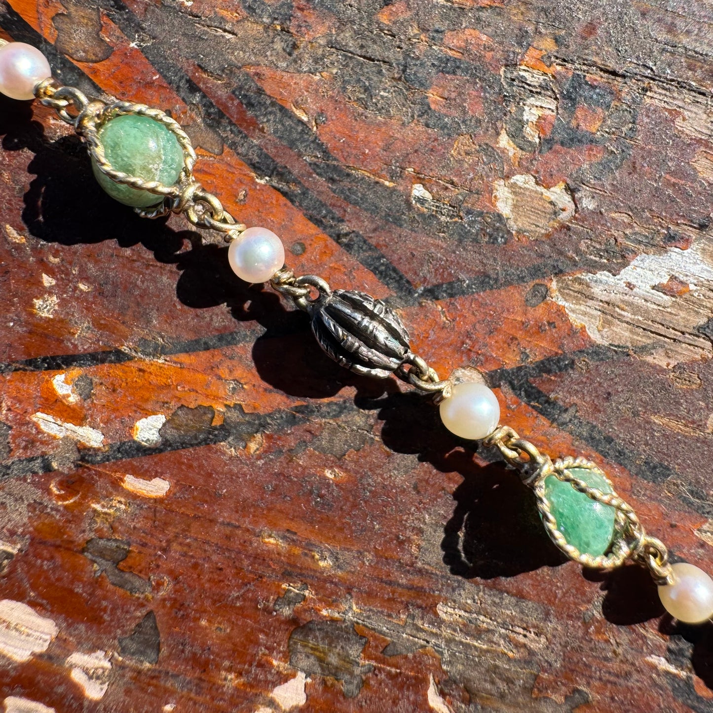 Early 1800’s Georgian Era Solid 18k Yellow Gold Sterling SIlver Rose Cut Diamond Raw Emerald Seed Pearl Bracelet (6.5”)