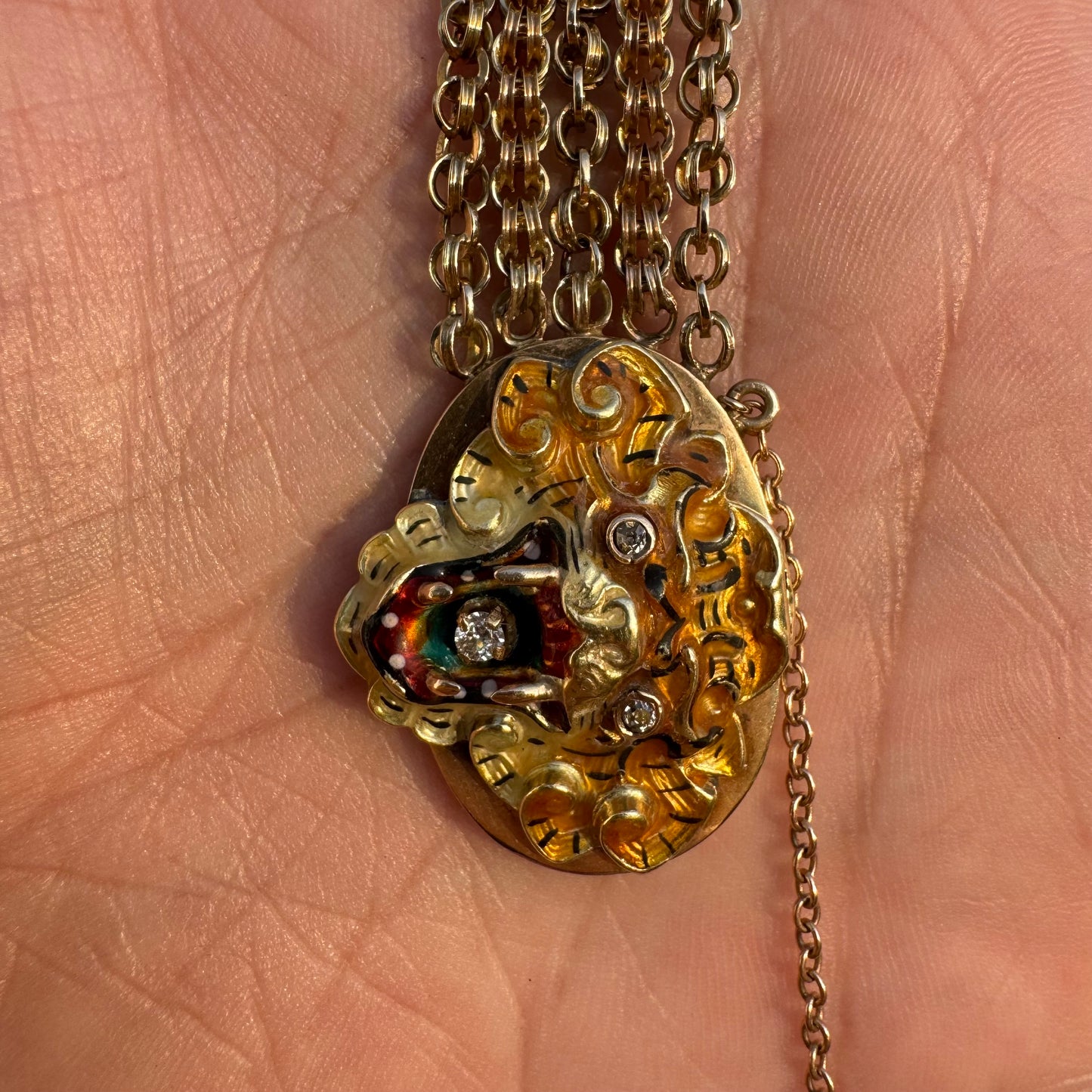 Art Nouveau Solid 14k Yellow Gold Natural Old Mine Cut Diamond Enameled Tiger Bracelet (6.25”)