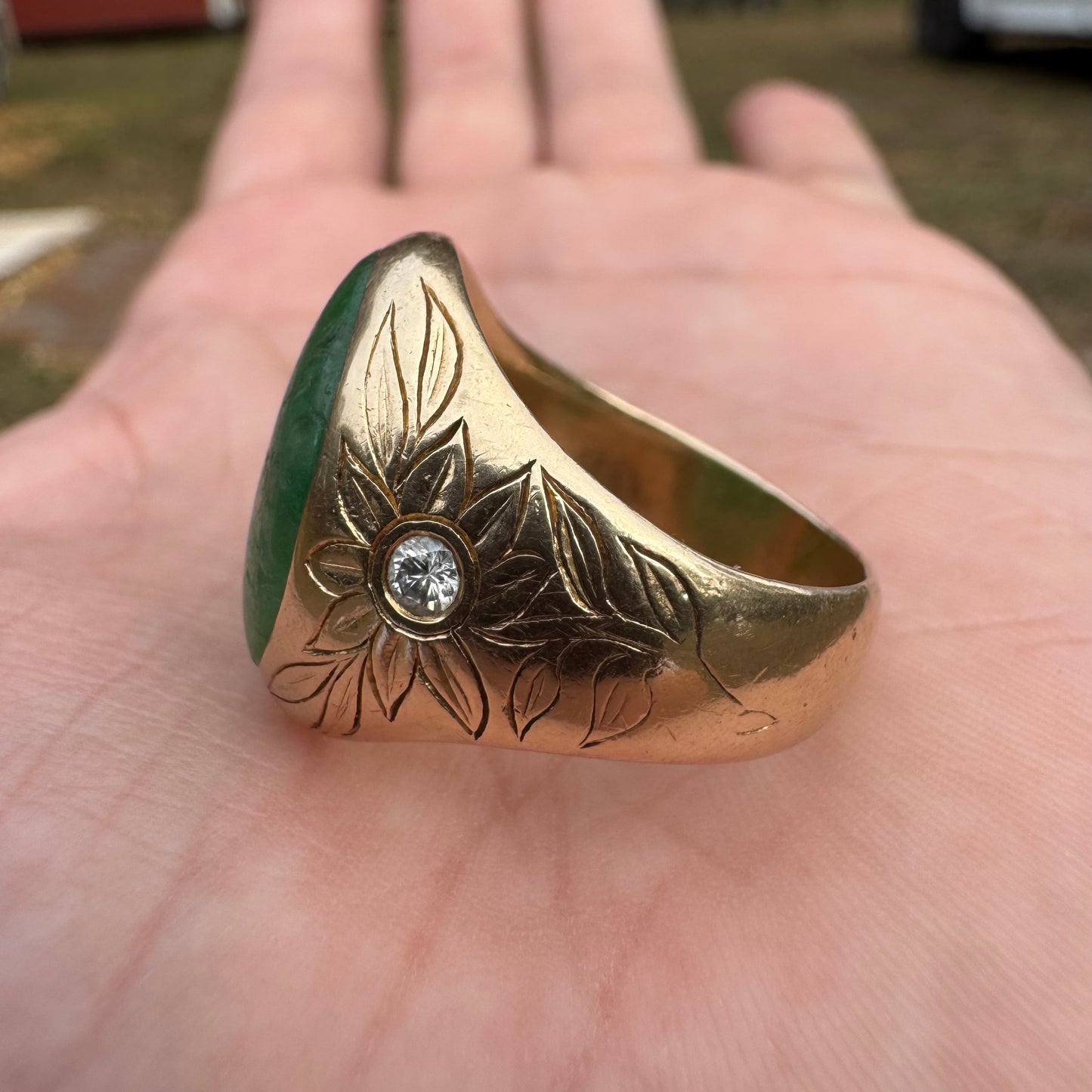 Art Deco Solid 14k Yellow Gold Jade & Diamond Dragon & Floral Carved Signet Ring By Larter And Sons (9.5)