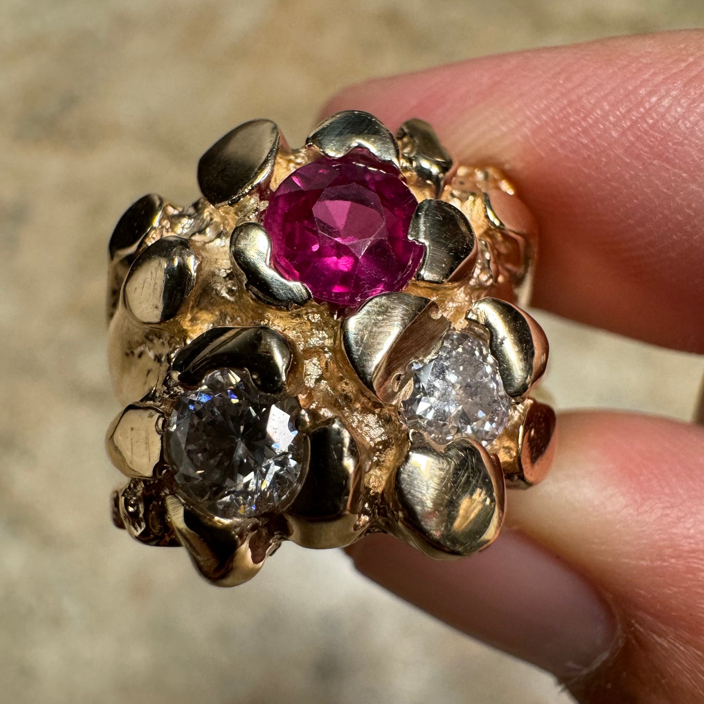 Vintage 14k Yellow Gold 1.25Ctw Natural Diamond 1.0Ct Ruby Nugget Ring (9.5)
