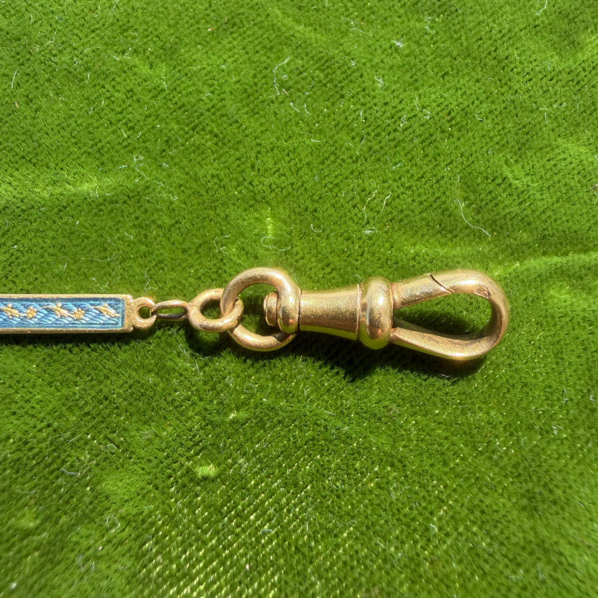Victorian French 18k Yellow Gold Guilloche Enameled Watch Chain Cigar Cutter Fob Necklace Set (14”)
