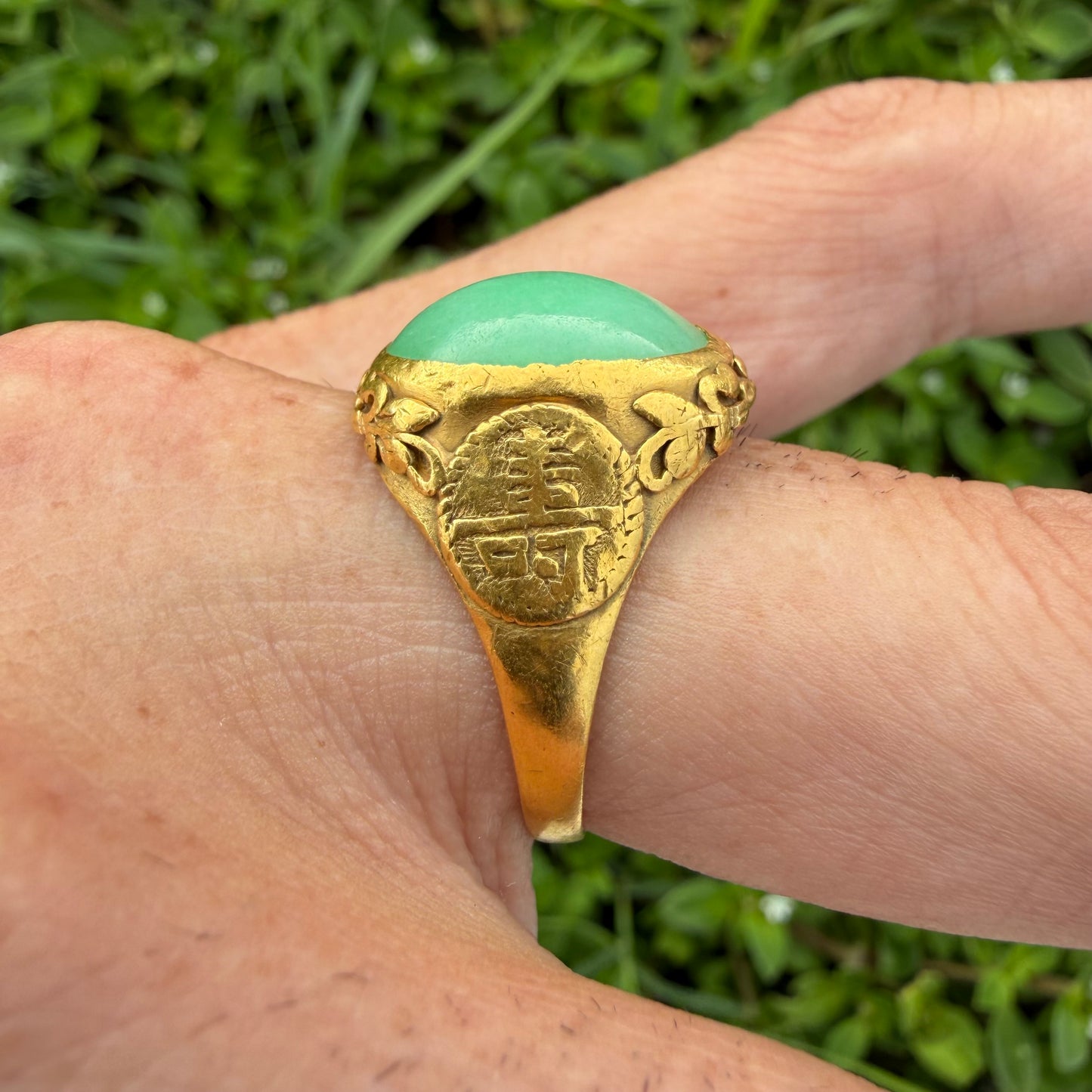 Antique Chinese Traditional 24k Yellow Gold 5.0ct Green Apple Jadeite Fu Ring (10.25)