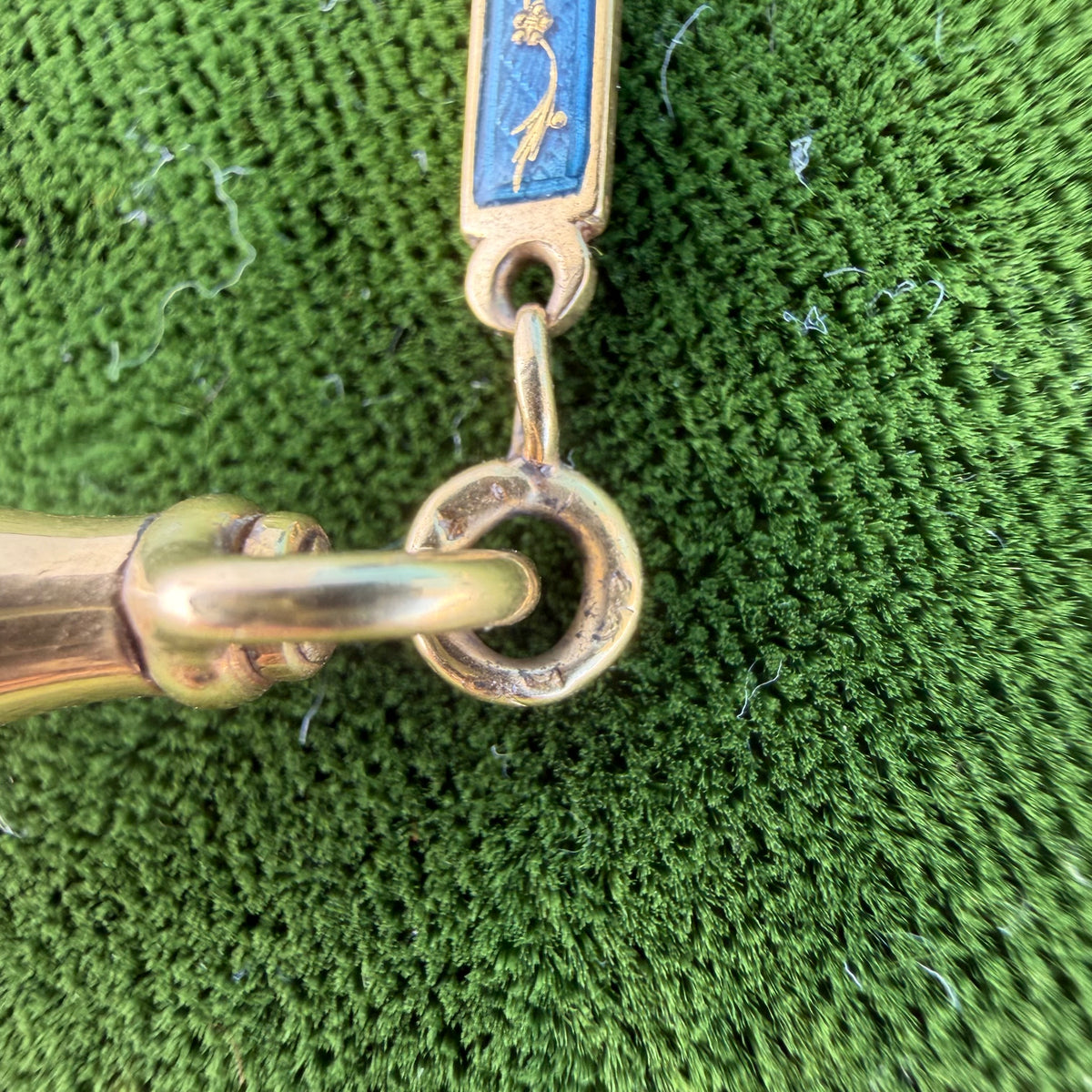 Victorian French 18k Yellow Gold Guilloche Enameled Watch Chain Cigar Cutter Fob Necklace Set (14”)