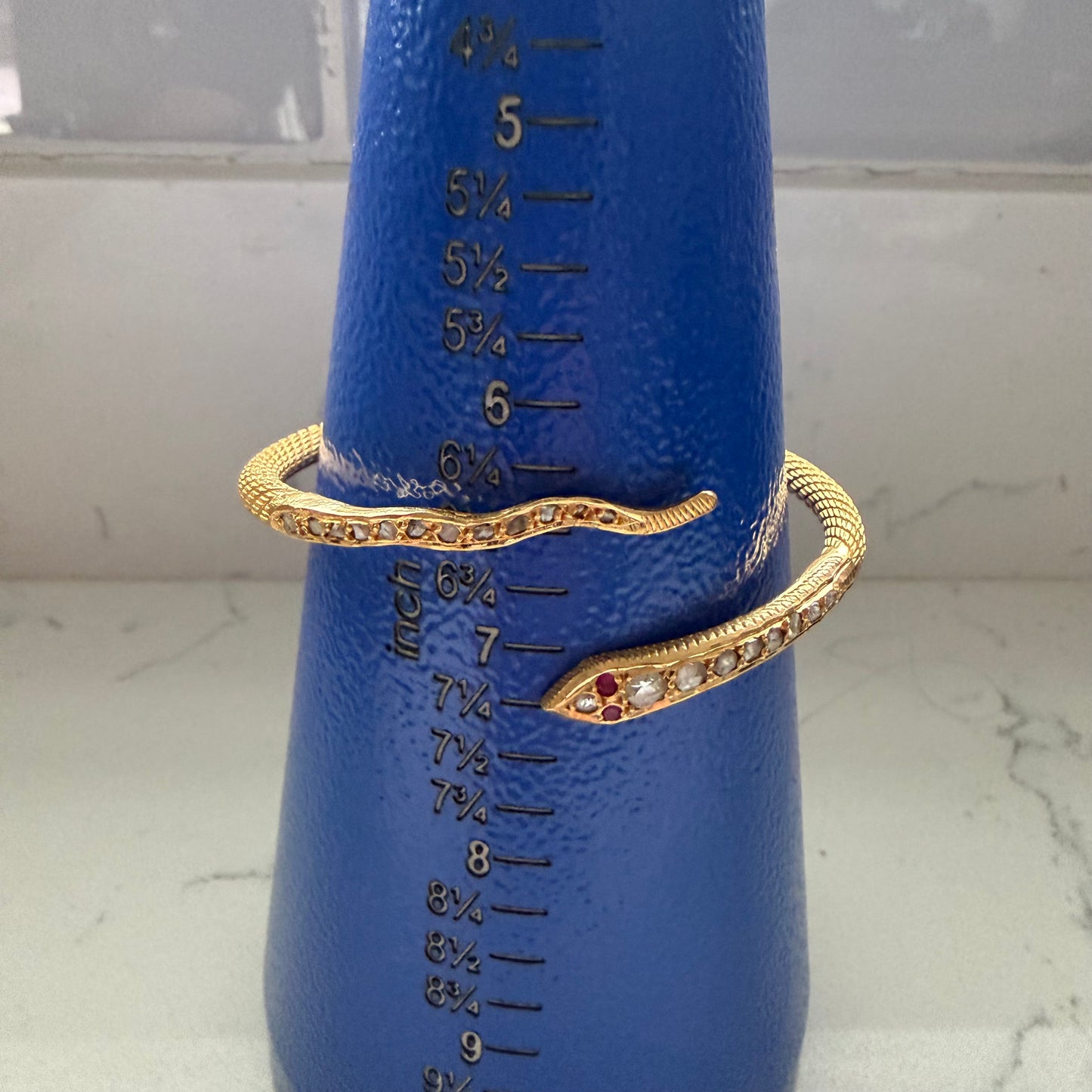 Antique Egyptian Solid 22.5k Yellow Gold Natural Rose Cut Diamond And Ruby Snake Bangle Bracelet (6.5”-8”)