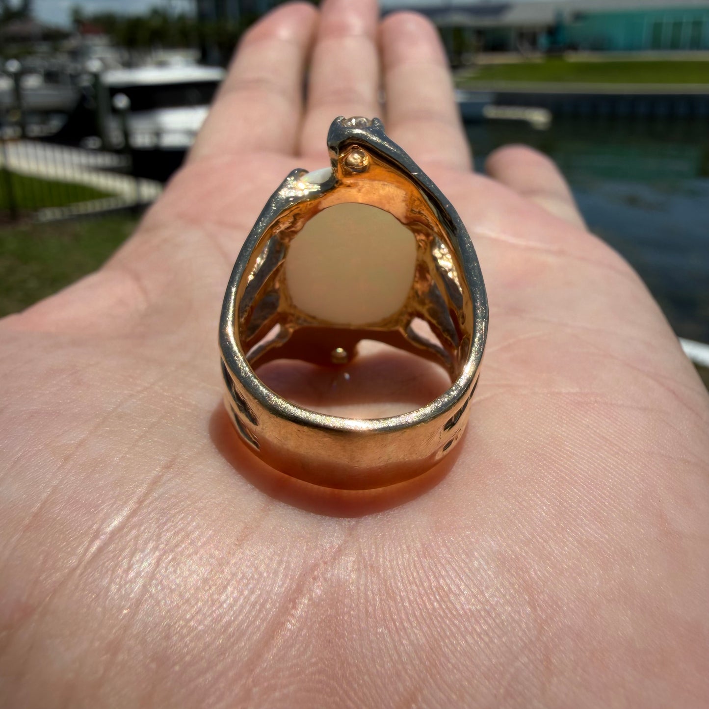 Vintage Artisan Crafted Solid 14k Yellow Gold Natural White Opal And Diamond Brutalist Ring (8)