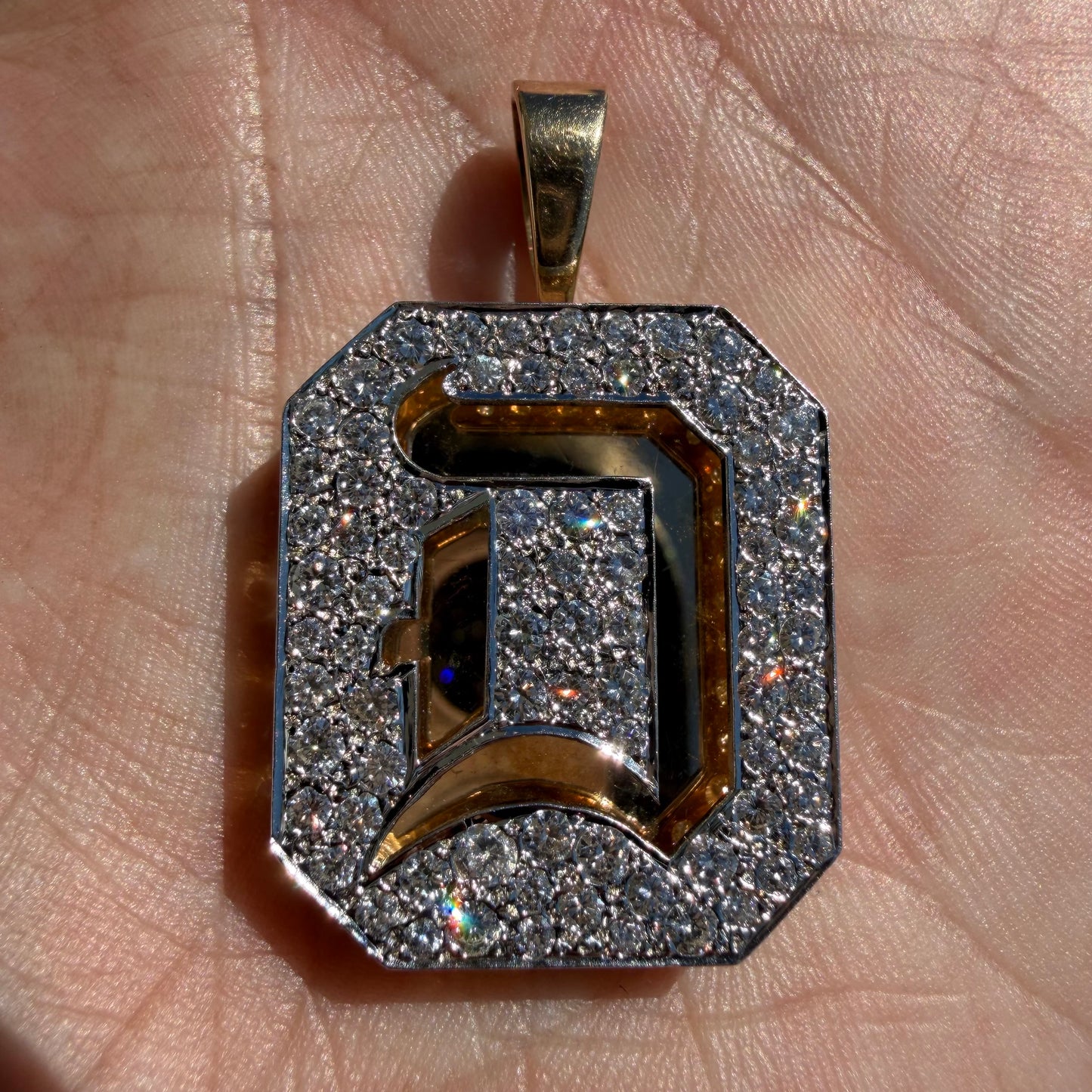 Vintage Custom Made Solid 14k Yellow Gold 3.25ctw Natural VS Diamond Encrusted “D” Pendant