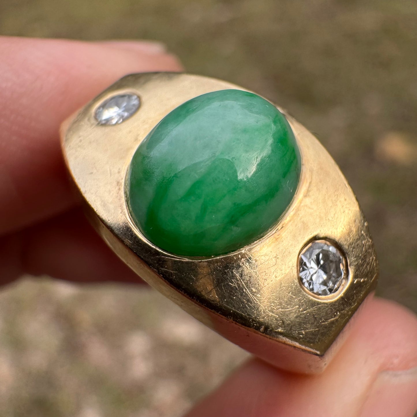 Mid-Century Solid 14k Yellow Gold Apple Jade Natural Diamond Trilogy Ring (9.5)