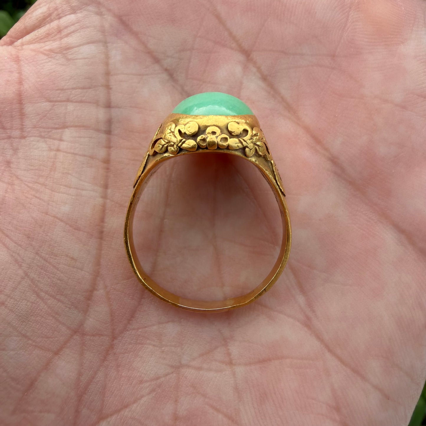 Antique Chinese Traditional 24k Yellow Gold 5.0ct Green Apple Jadeite Fu Ring (10.25)