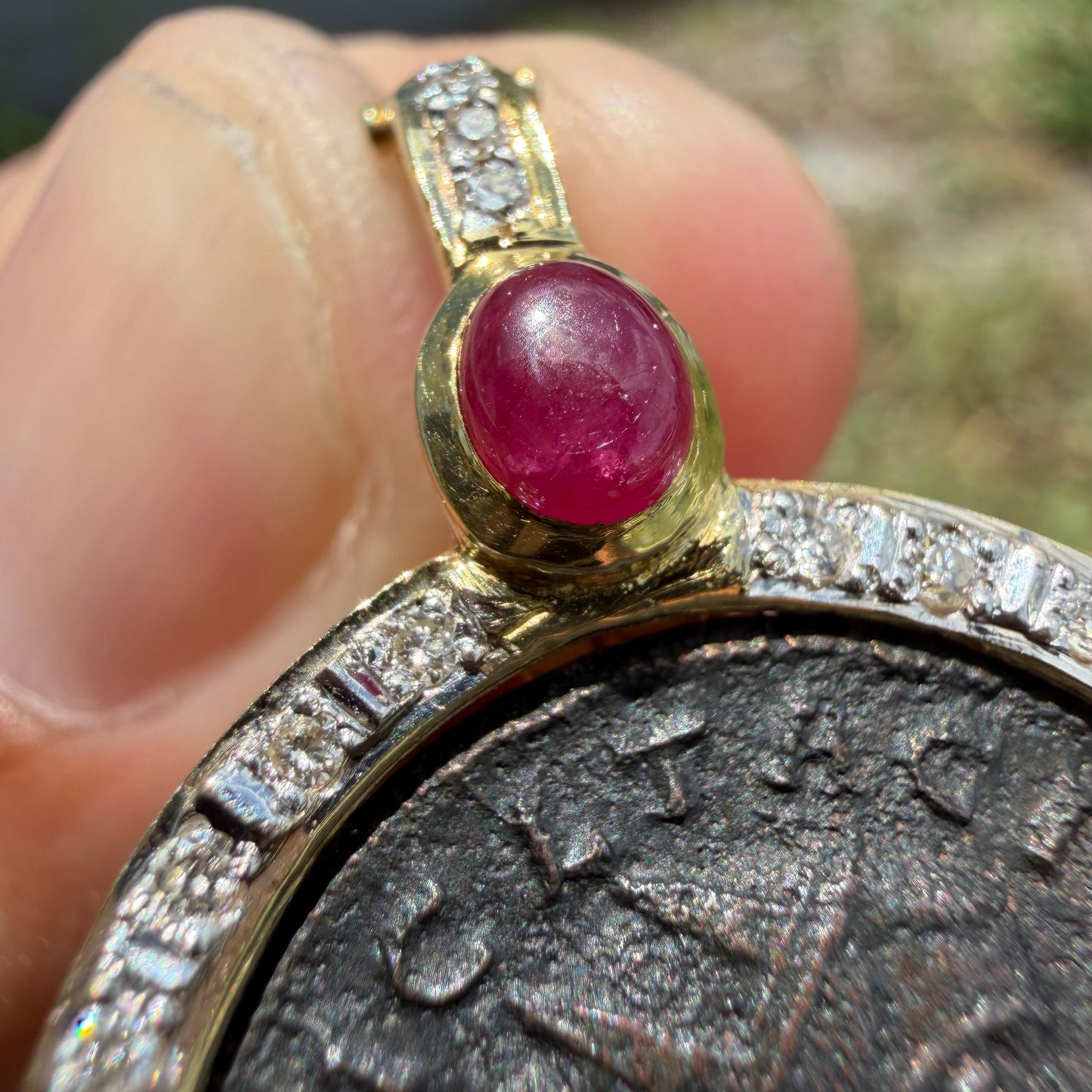 Vintage 14k Yellow Gold Natural Diamond and Ruby Ancient 275-276A.D Tacitus Roman Coin Pendant