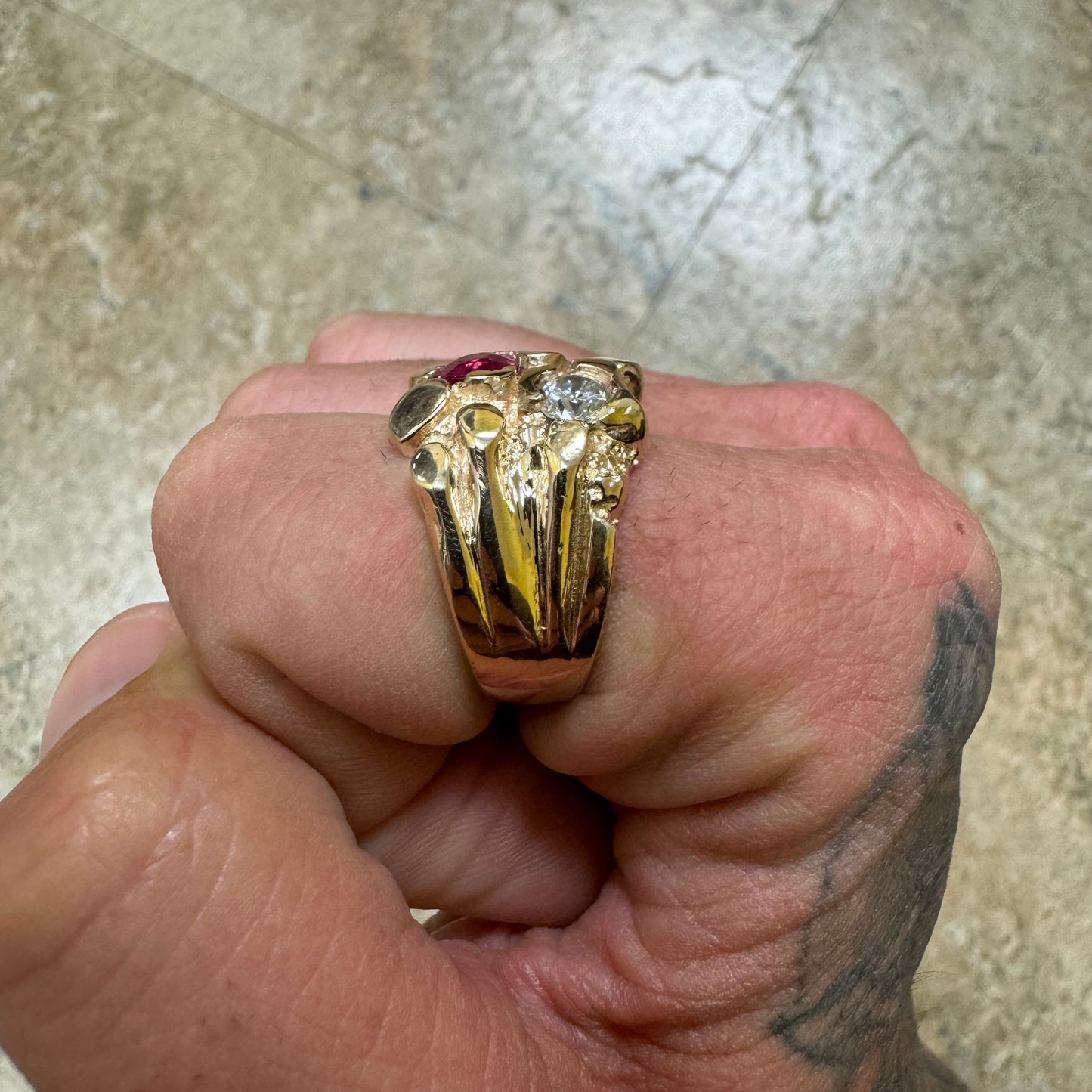 Vintage 14k Yellow Gold 1.25Ctw Natural Diamond 1.0Ct Ruby Nugget Ring (9.5)