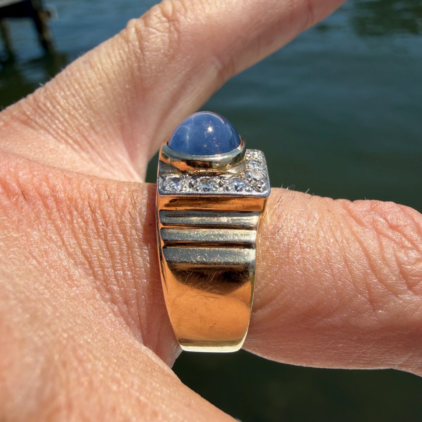 Art Deco Solid 14k Yellow Gold Natural Blue Star Sapphire Old Euro Cut Diamond Ring (8)