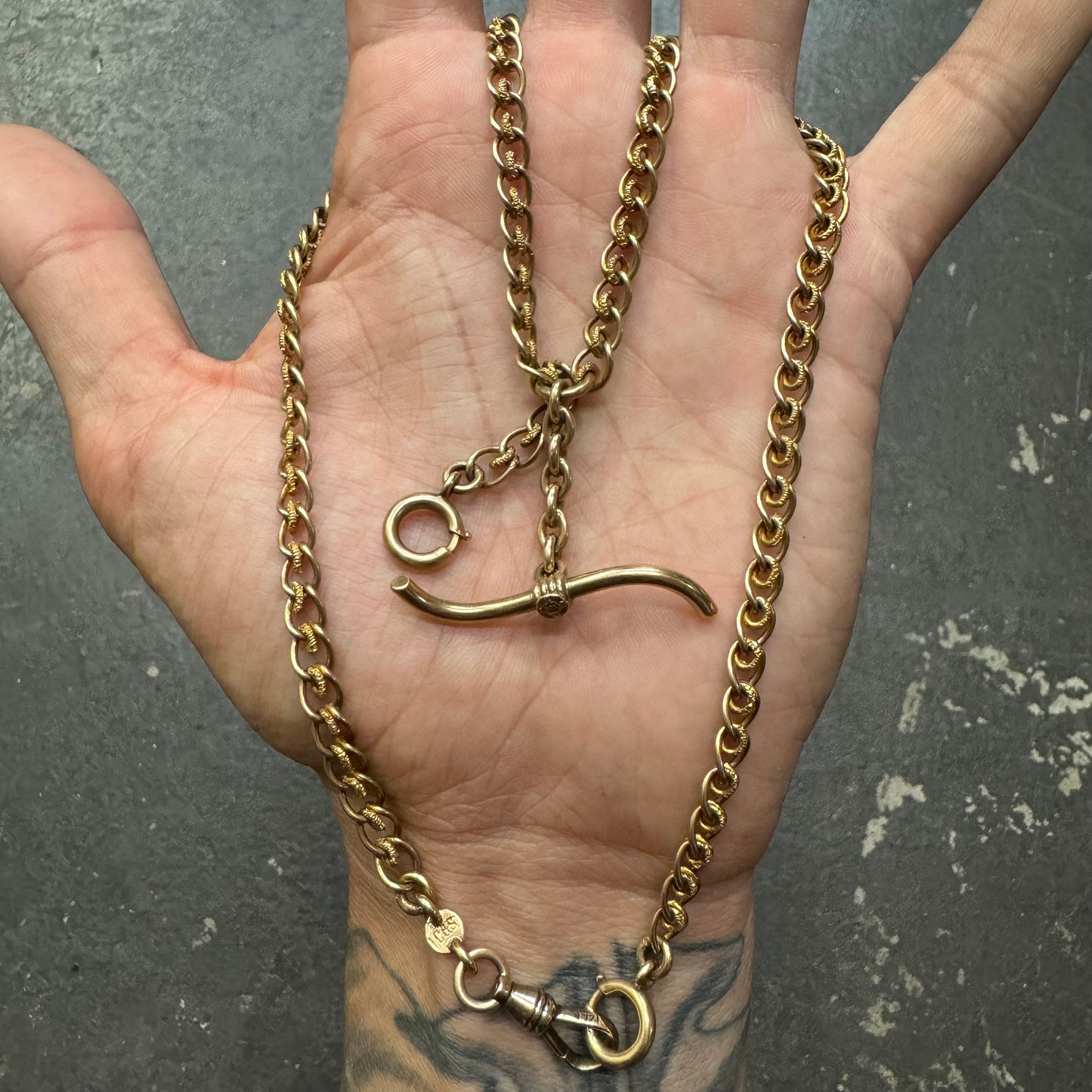 1930’s Art Deco Solid 14k Yellow Gold Double Albert Watch Chain Fancy Curb Link Necklace (19”)