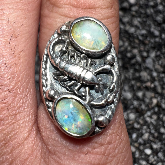 Circa 1960’s Solid Backed Sterling Silver Scorpion And Opal Southwestern Signet Ring (9.5)