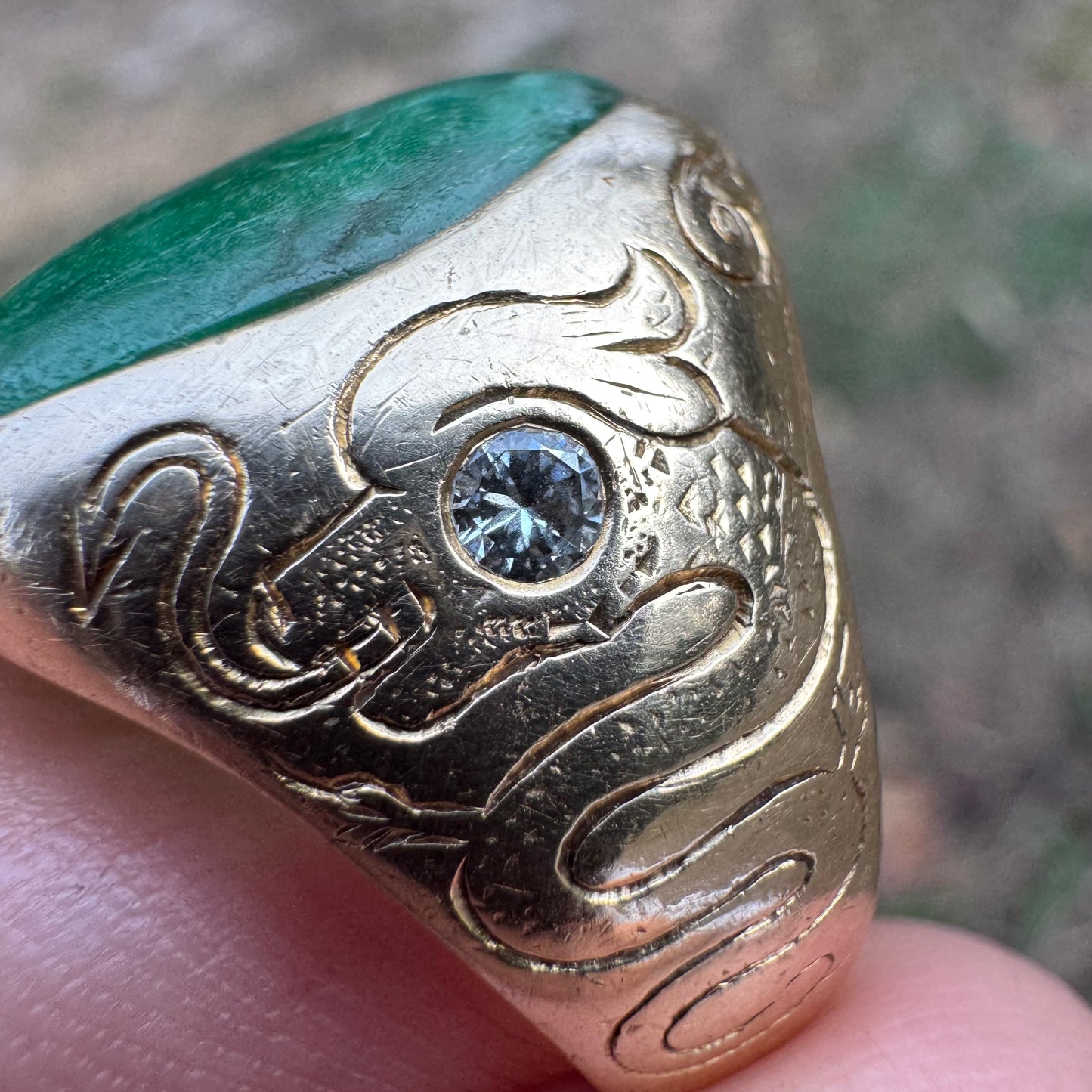 Art Deco Solid 14k Yellow Gold Jade & Diamond Dragon & Floral Carved Signet Ring By Larter And Sons (9.5)