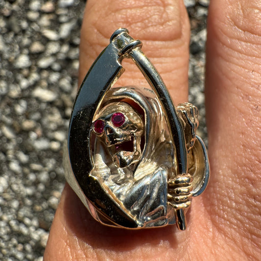 Vintage 14k Yellow Gold And Sterling Silver Grim Reaper Ring (11.75)