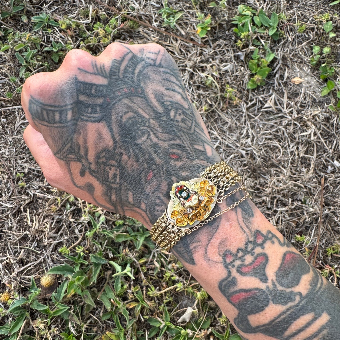 Art Nouveau Solid 14k Yellow Gold Natural Old Mine Cut Diamond Enameled Tiger Bracelet (6.25”)