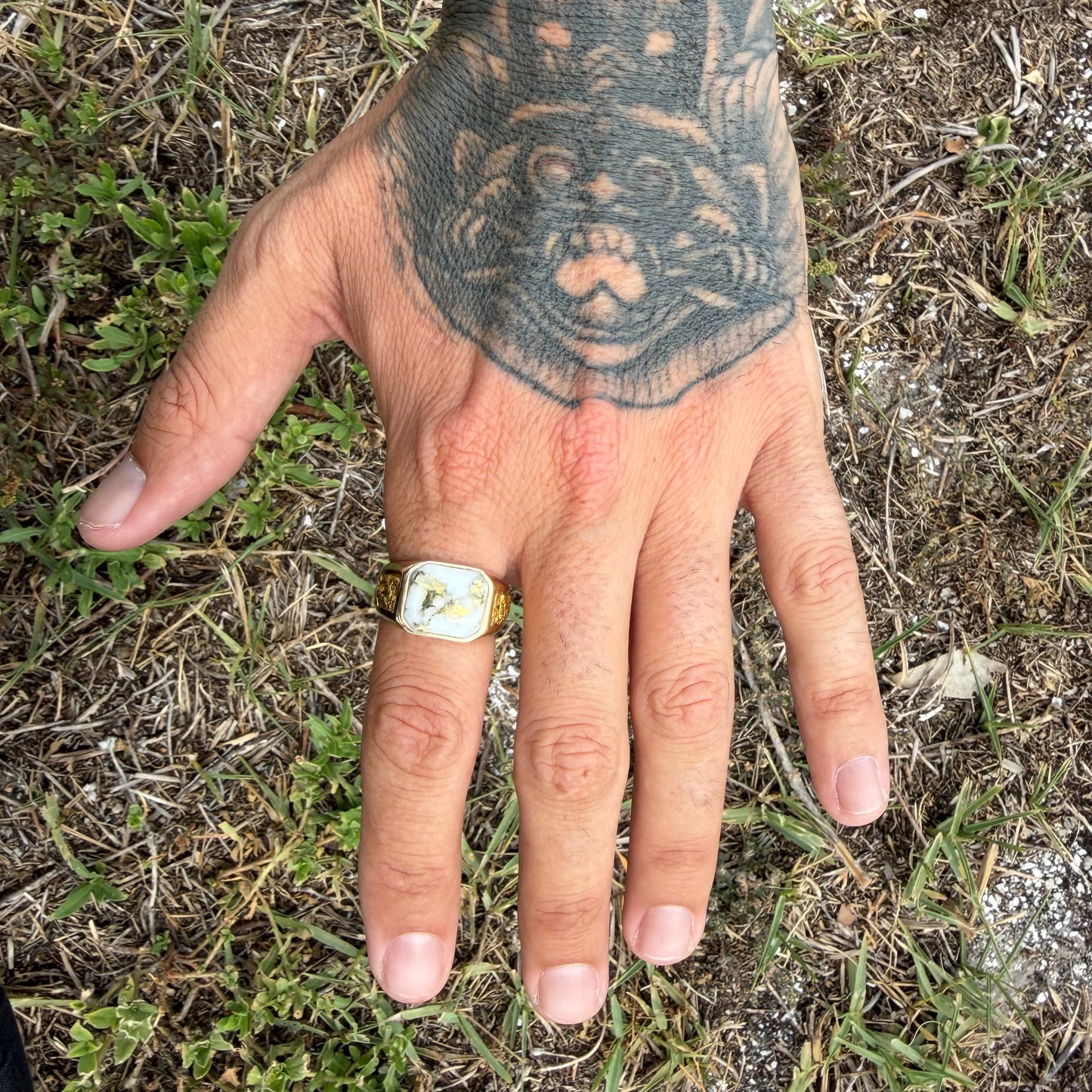Vintage Solid 14k Yellow Gold Raw 22k Nugget Gold Bearing Quartz Signet Ring (10)