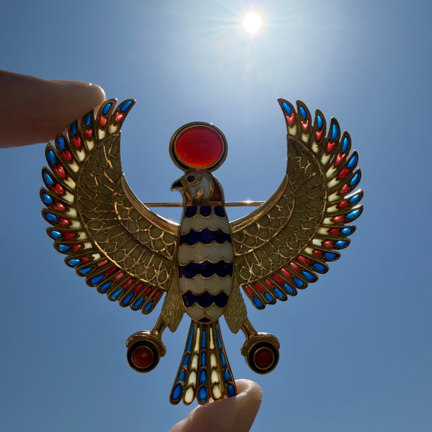 Vintage Solid 18k Yellow Gold Plique-à-Jour Large Egyptian Revival Horus Falcon Pendant/Brooch