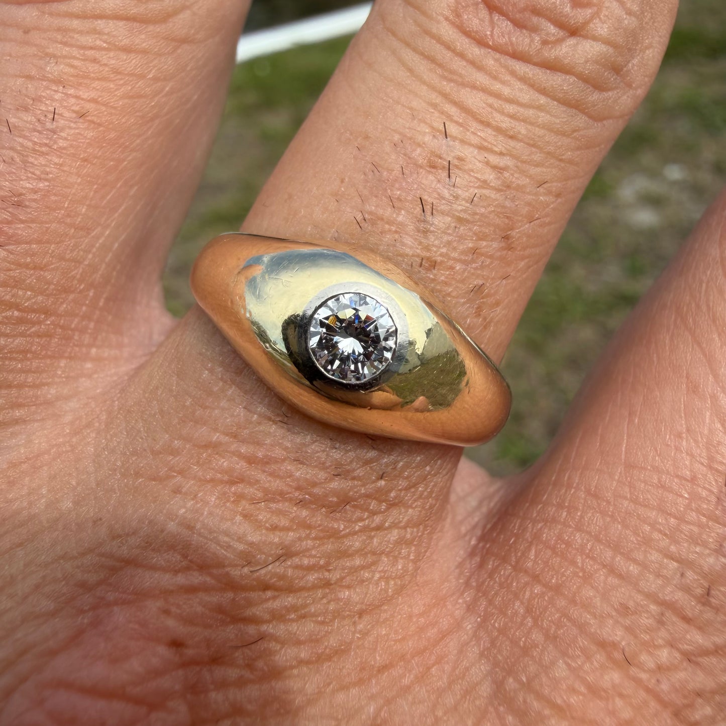 Art Deco Solid 14k Yellow Gold .40ct Natural VS Old Euro Cut Diamond Rub Over Gypsy Ring (8.5)
