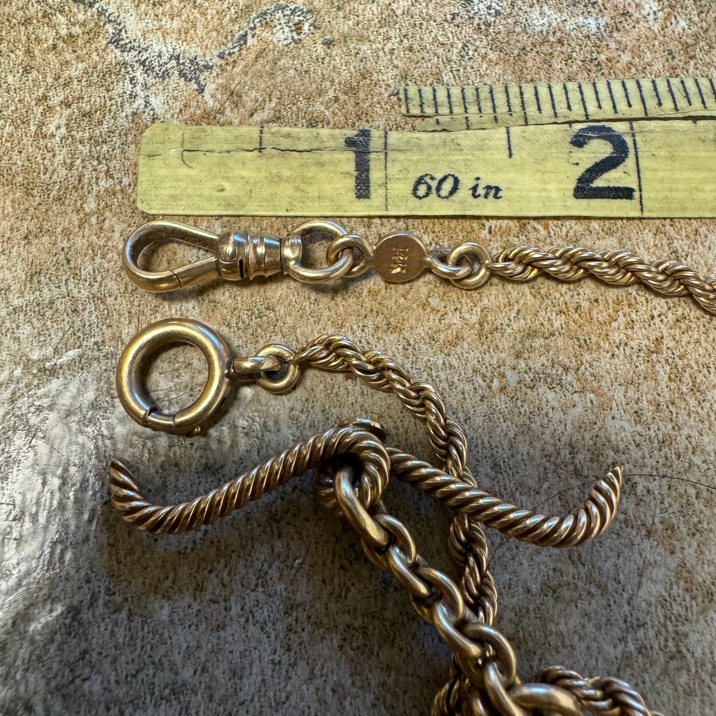 1930’s Art Deco Solid 14k Yellow Gold Double Albert Watch Chain Rope Necklace (21”)