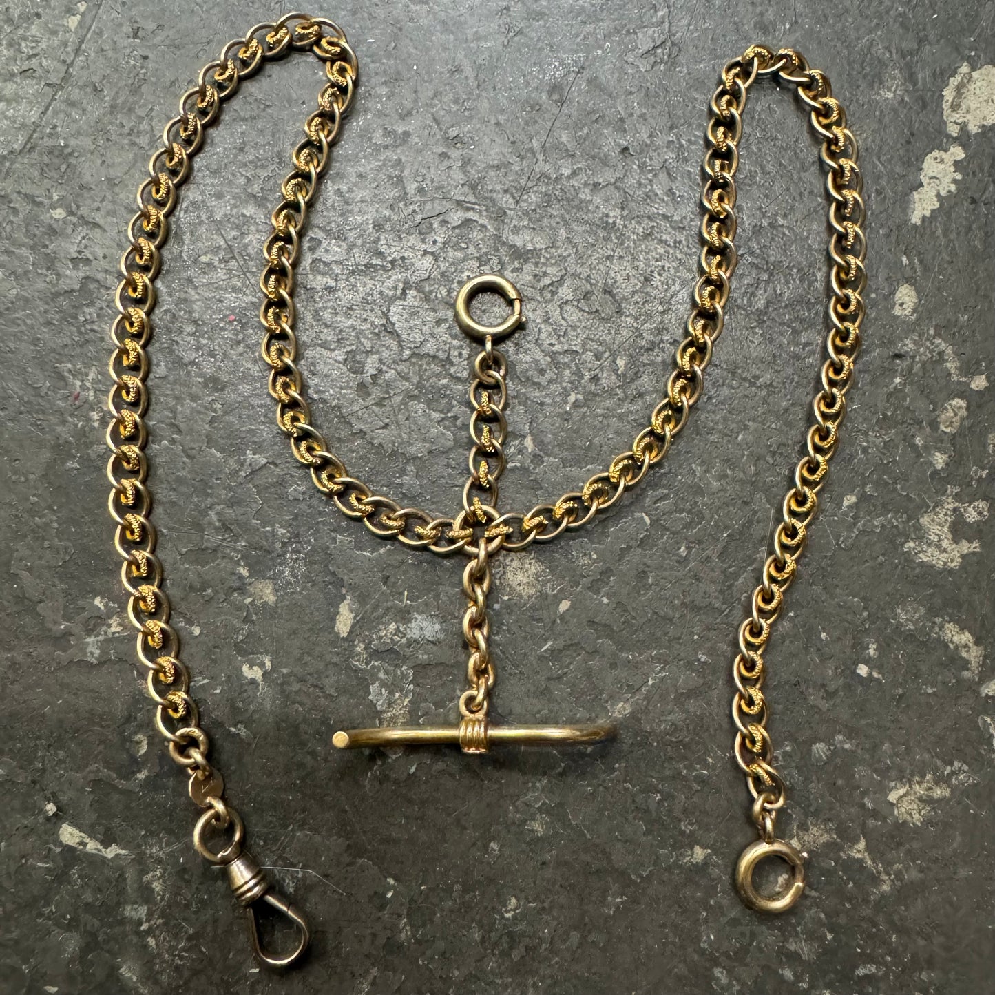 1930’s Art Deco Solid 14k Yellow Gold Double Albert Watch Chain Fancy Curb Link Necklace (19”)