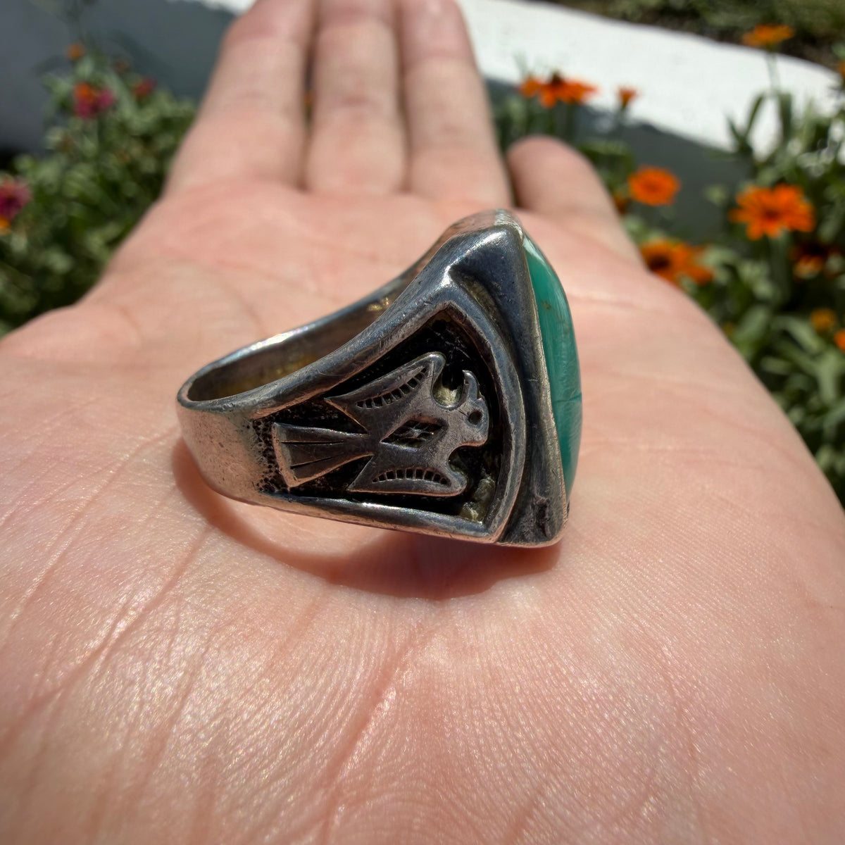1940’s/50’s Bell Trading Post Sterling Silver Large Turquoise Thunderbird Signet Ring (10.25)