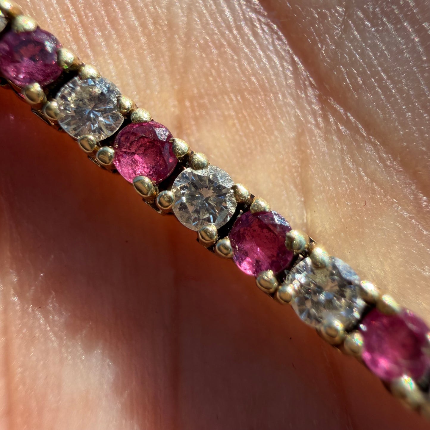 Vintage Solid 14k Yellow Gold 3.0ctw Natural Diamond And Ruby Tennis Bracelet (6.5”)
