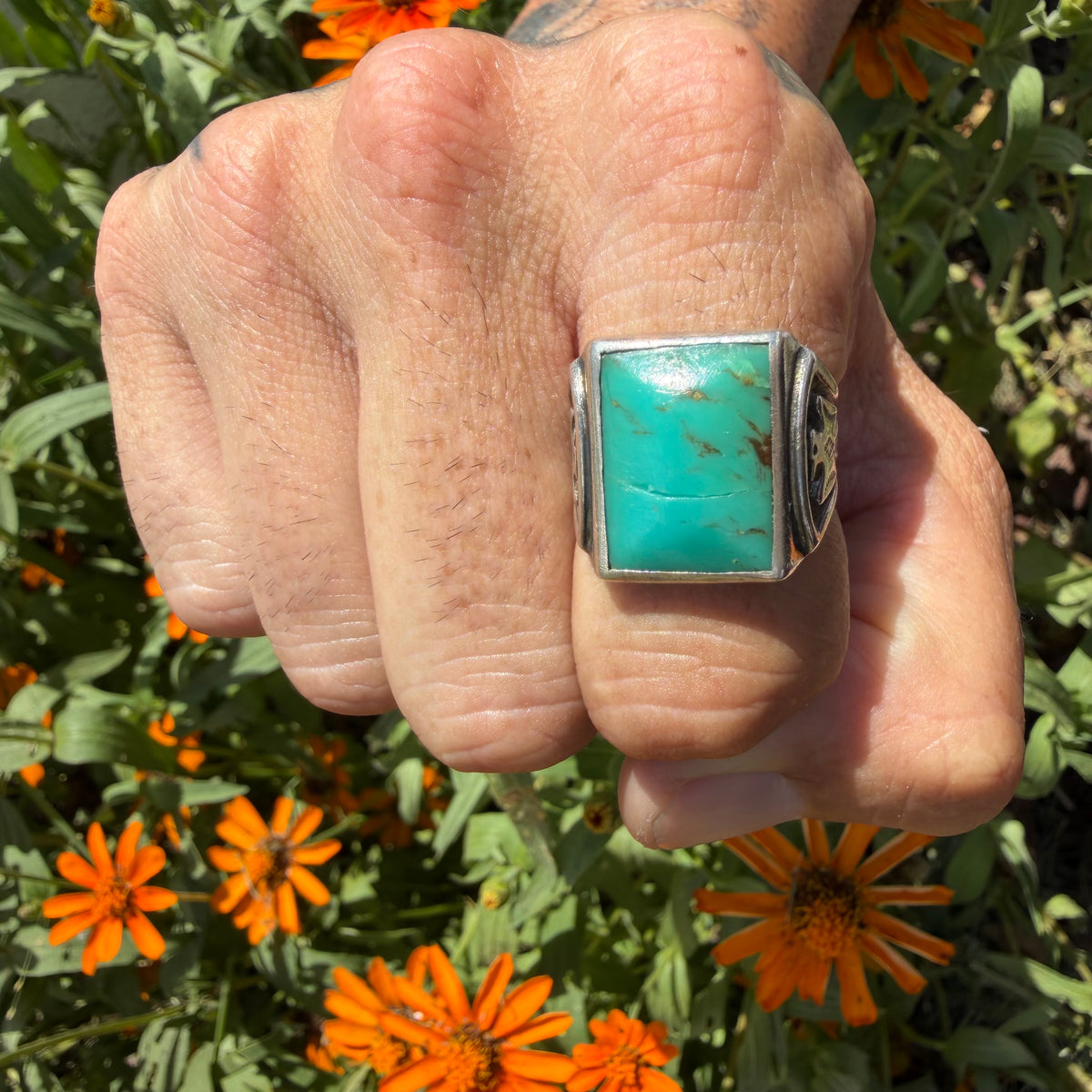 1940’s/50’s Bell Trading Post Sterling Silver Large Turquoise Thunderbird Signet Ring (10.25)