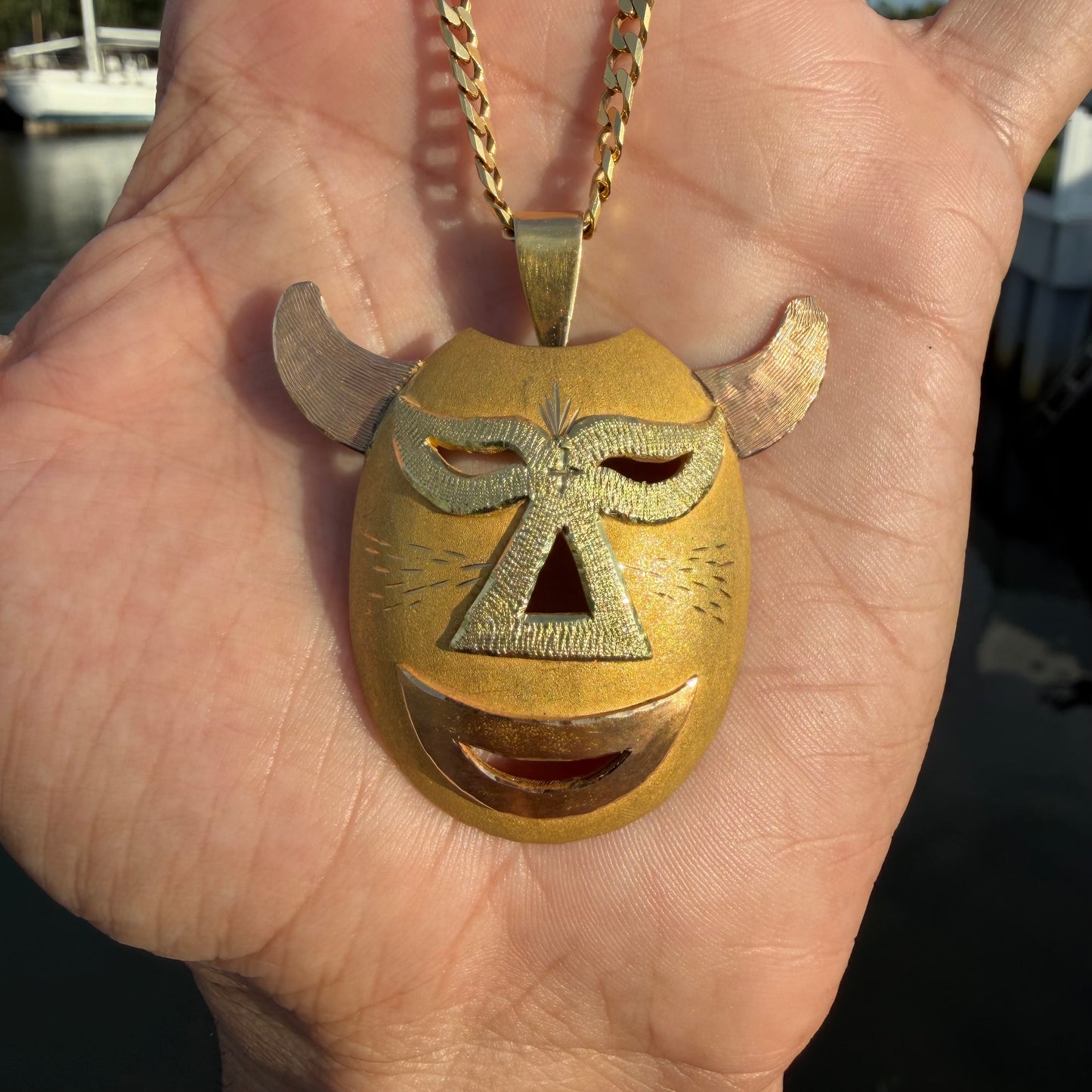 Mid-Century Solid 18k Gold Large Mexican Folkart Diablo Mask Pendant