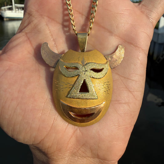 Mid-Century Solid 18k Gold Large Mexican Folkart Diablo Mask Pendant