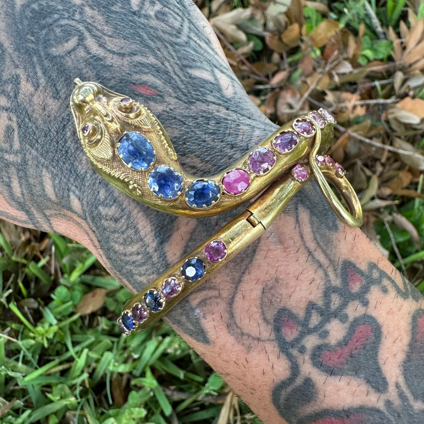 Mid 1800’s 15k Yellow Gold Blue And Pink Sapphire Encrusted Snake Bracelet (6”-7”)