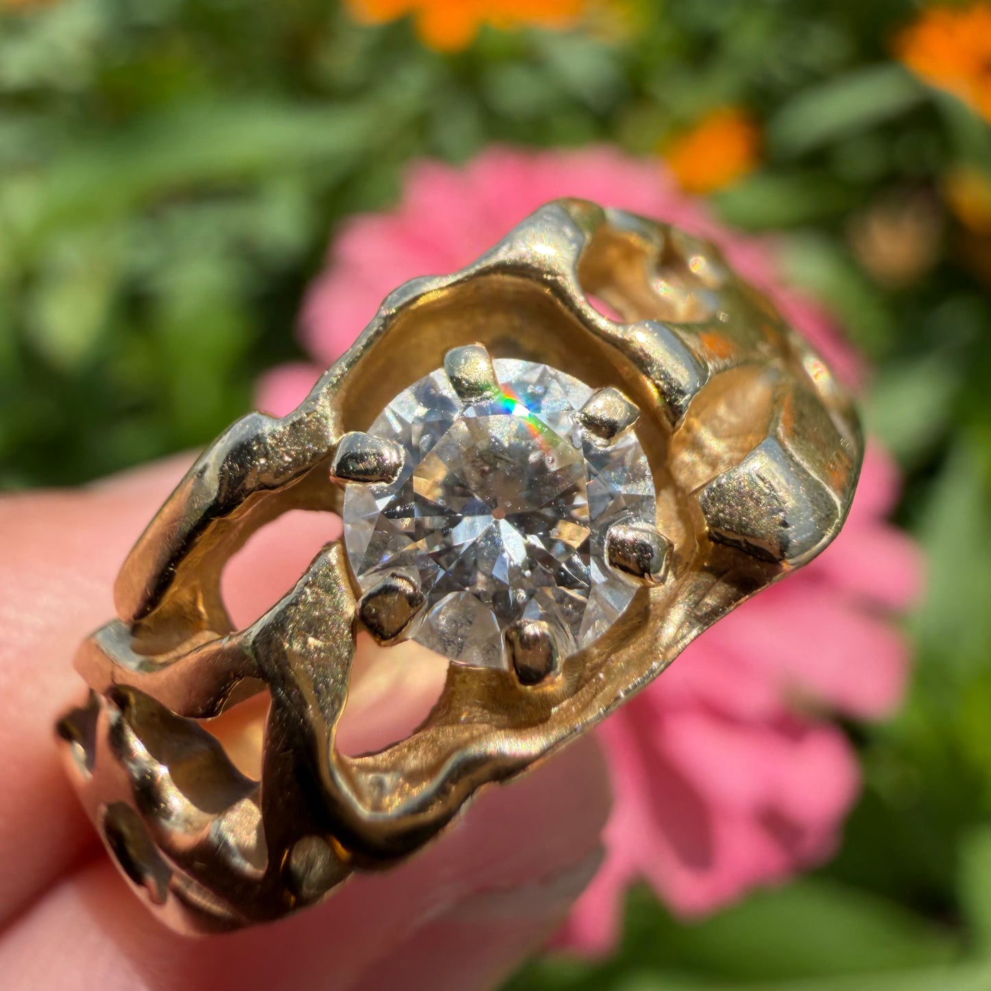 Vintage Solid 14k Yellow Gold .85ct Natural Old Euro Cut Diamond Solitaire Nugget Ring (11.5)