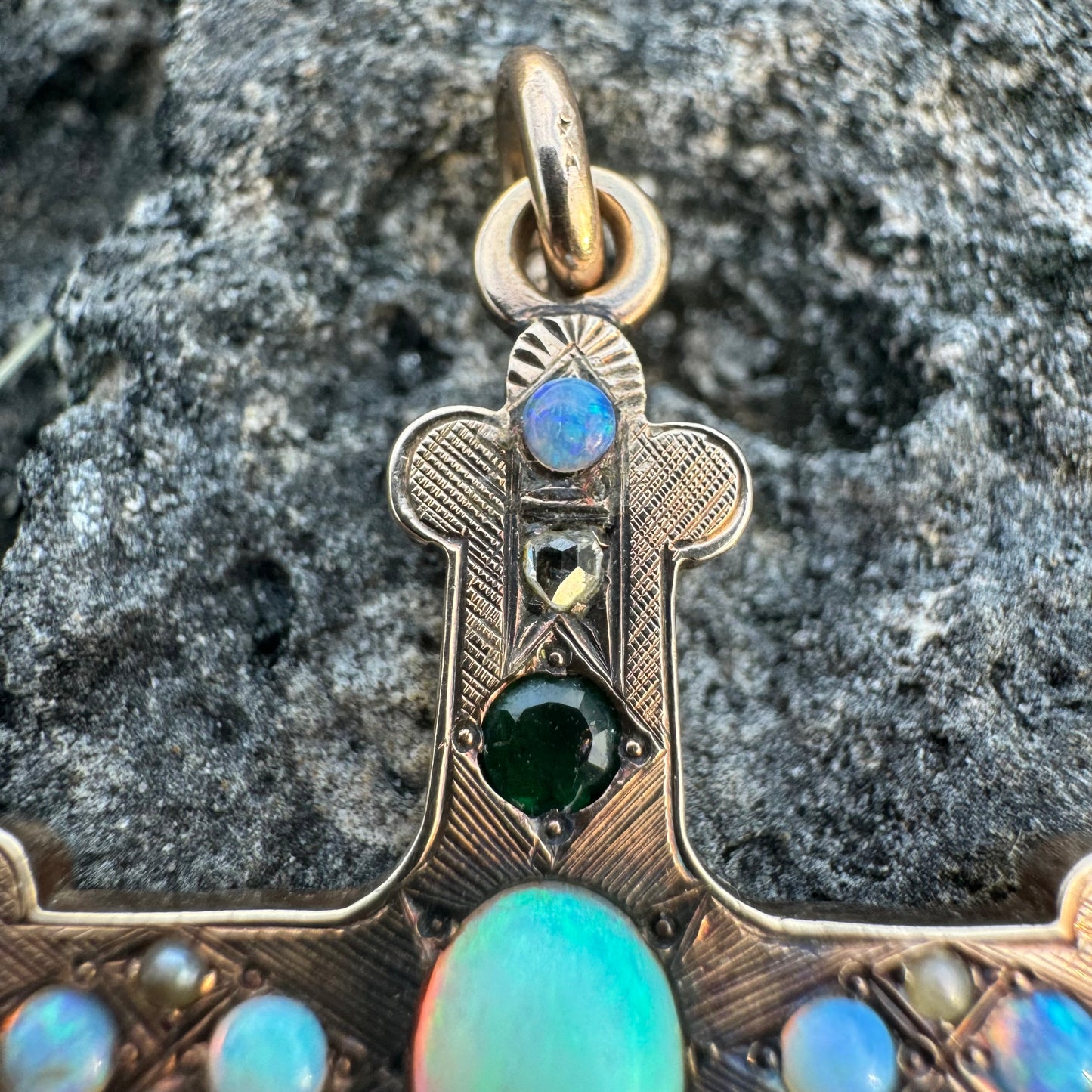 Victorian Solid 14k Gold Rose Cut Diamond, Emerald, Opal Byzantine Cross Pendant