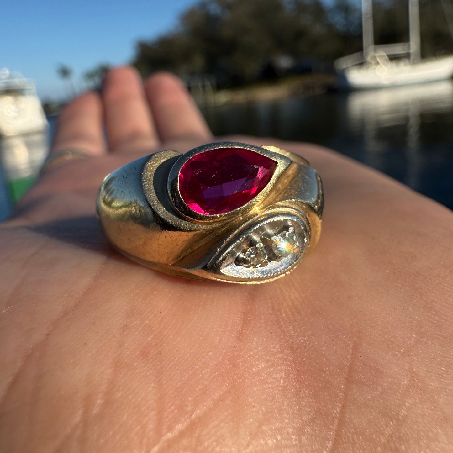 Vintage Solid 14k Yellow Gold Natural Diamond Pink Spinel Tony Soprano Pinky Ring (9.5)