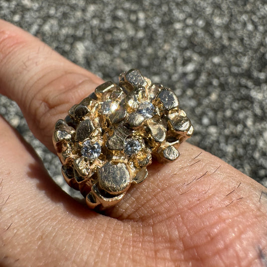 1980’s Solid 14k Yellow Gold Heavyweight .35ctw Diamond Encrusted Nugget Ring (8.5)