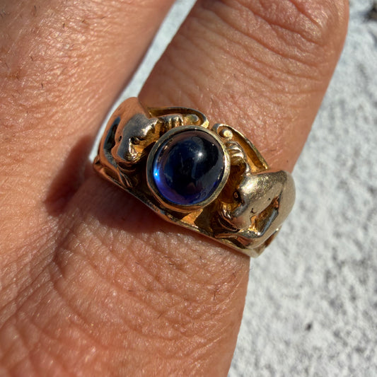 Art Nouveau Solid 14k Yellow Gold Sugar Loaf Sapphire Double Lion Ring (8.5)