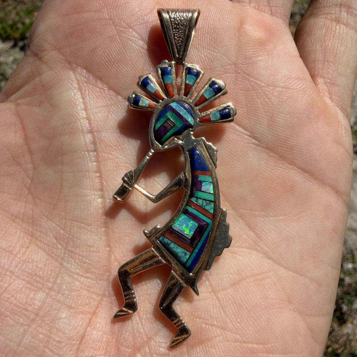 Vintage Native Southwestern Solid 14k Yellow Gold Multi-Stone Inlaid Kokopelli Pendant Signed “R. Nessie”