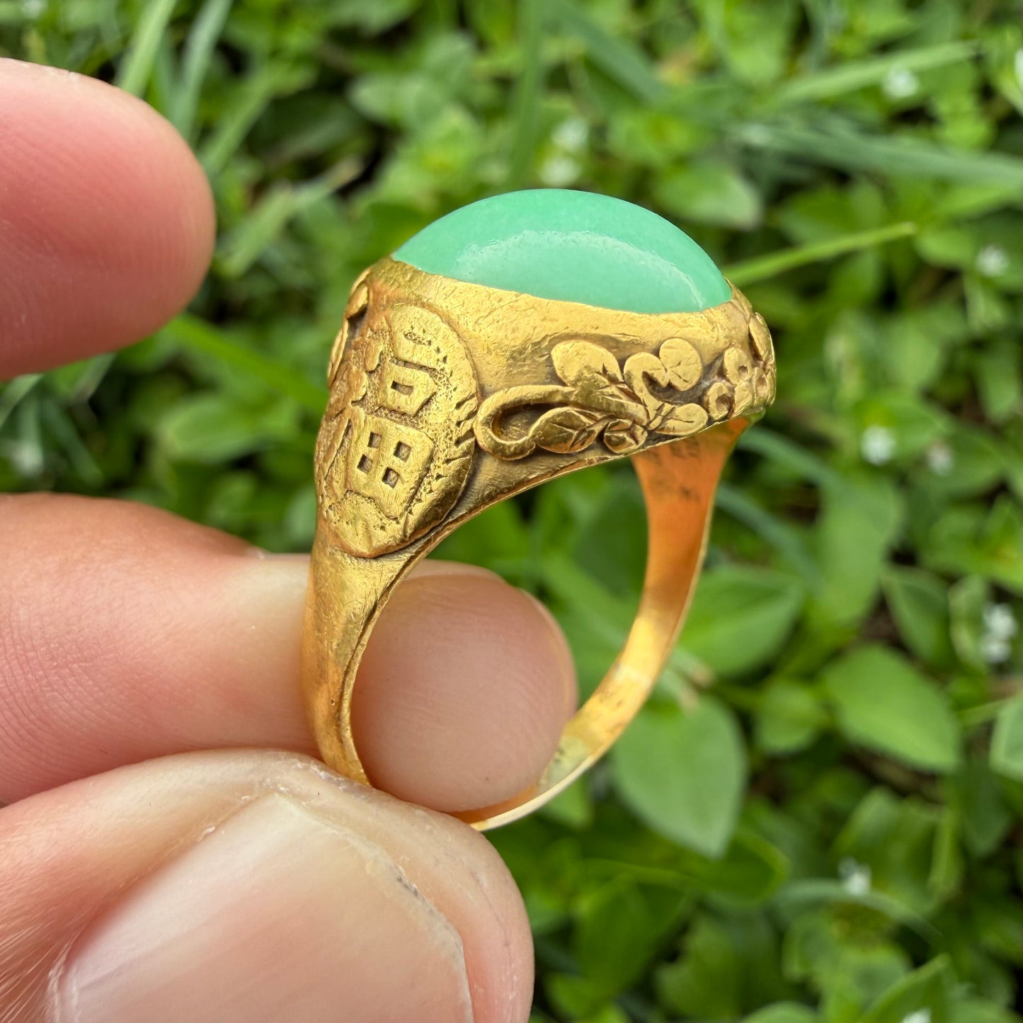 Antique Chinese Traditional 24k Yellow Gold 5.0ct Green Apple Jadeite Fu Ring (10.25)