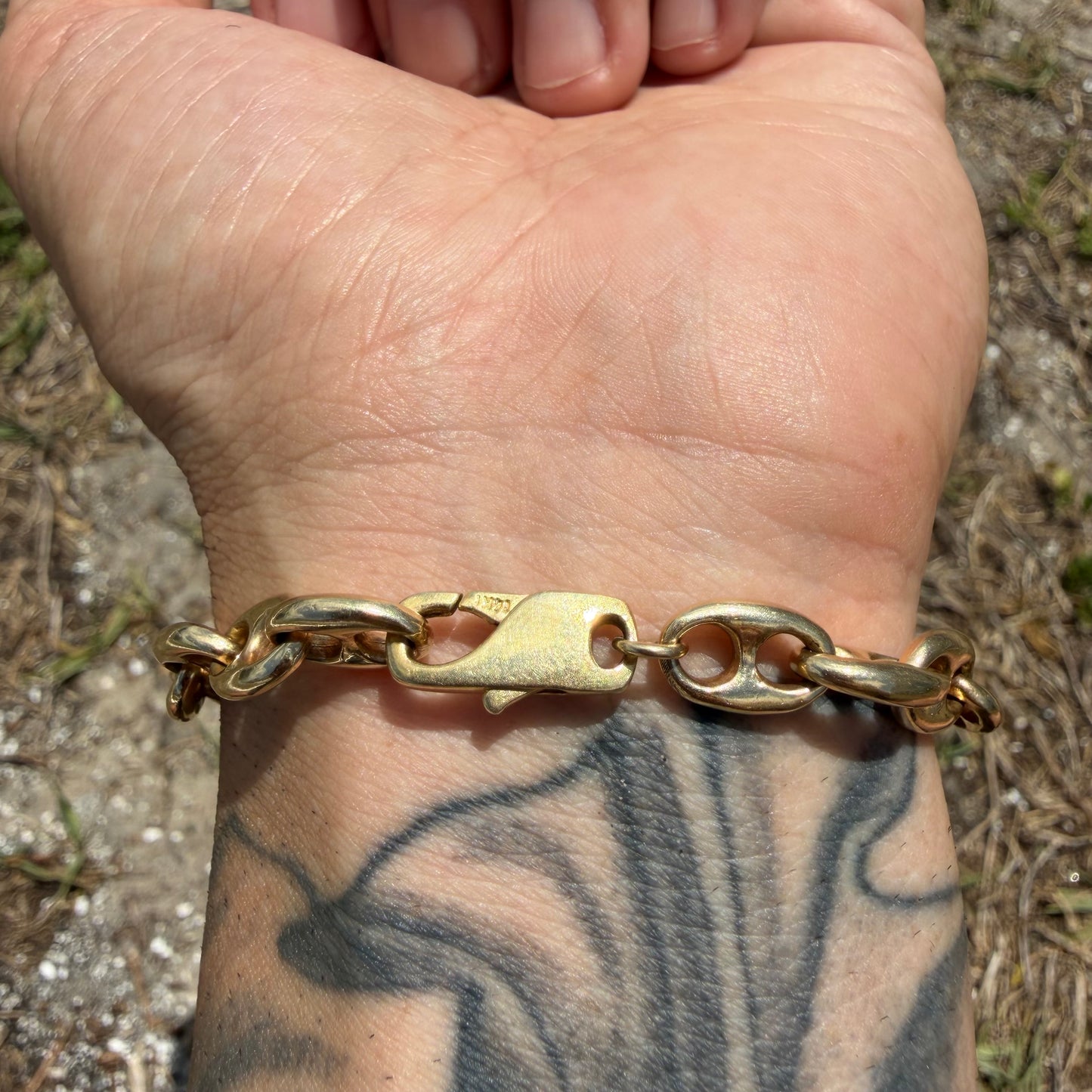 Vintage Fully Solid 14k Yellow Gold Heavyweight Chaine D’ Ancre Puffed Mariner Link Bracelet (7.5”)