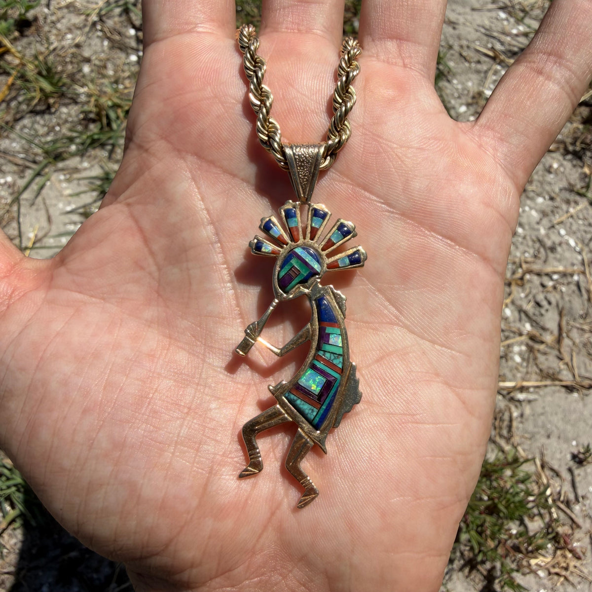 Vintage Native Southwestern Solid 14k Yellow Gold Multi-Stone Inlaid Kokopelli Pendant Signed “R. Nessie”