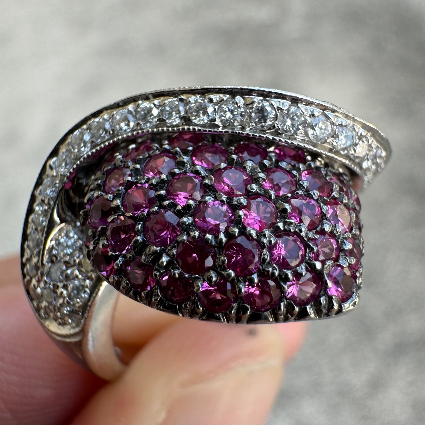 Immaculate 14k White Gold Natural Diamond And Ruby Flooded Banner Heart Ring (8)