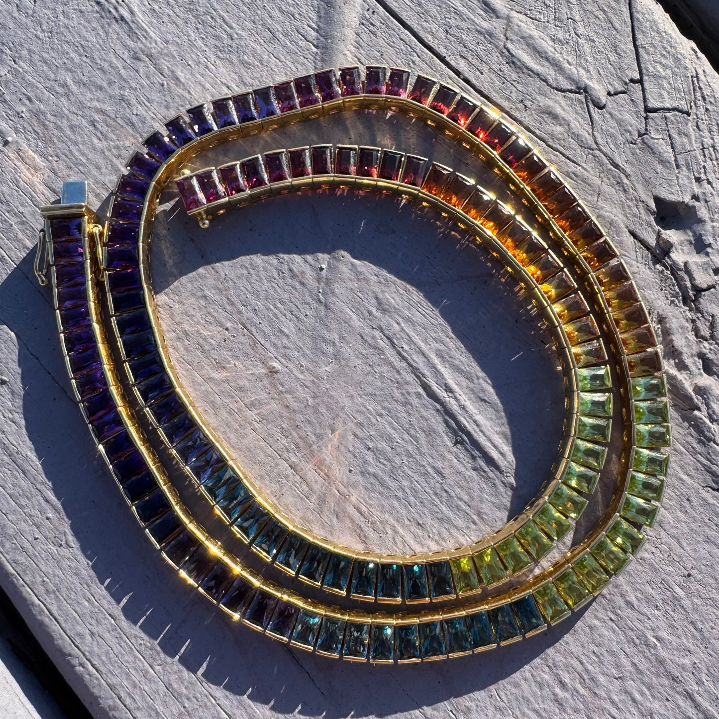 Designer Made Solid 18k Yellow Gold Natural Multi Gemstone Rainbow Tennis Necklace (17”)
