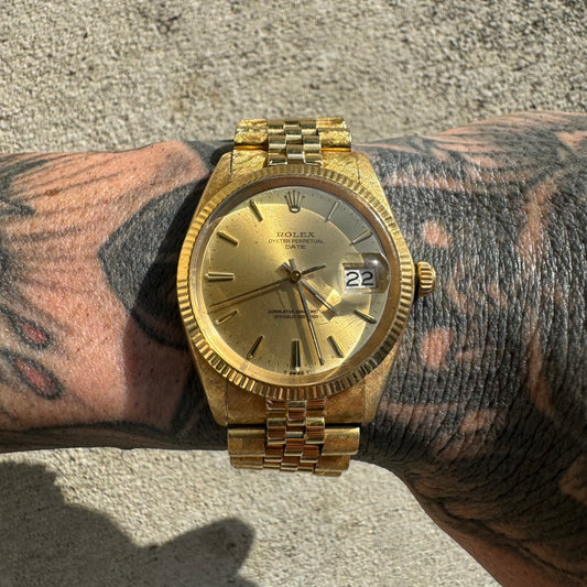 1966 Rolex Oyster Perpetual Date Ref. 1503 Florentine Finish 14k Gold (7.5”/34mm)