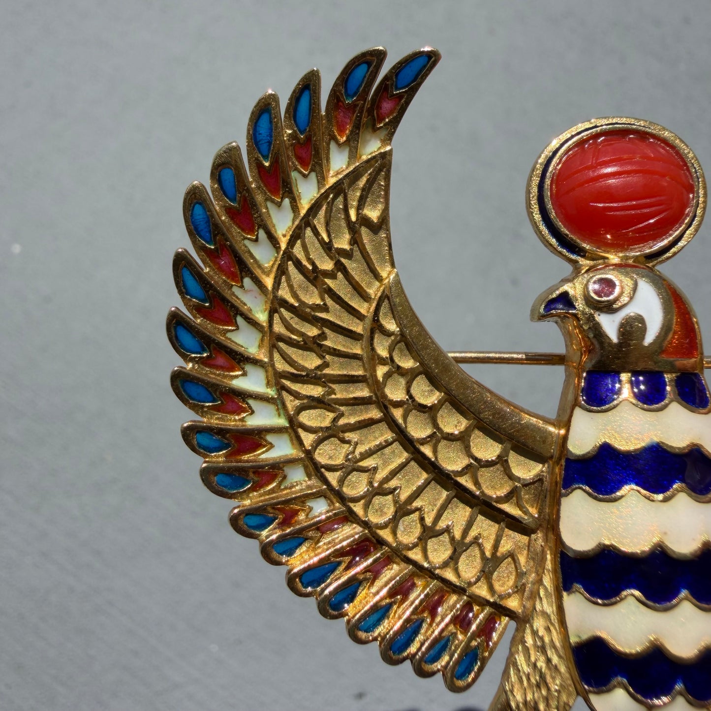 Vintage Solid 18k Yellow Gold Plique-à-Jour Large Egyptian Revival Horus Falcon Pendant/Brooch