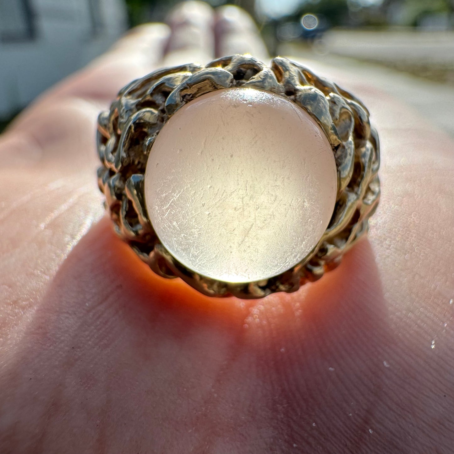 1970’s Solid 14k Yellow Gold Heavyweight Brutalist Moonstone Ring (9)
