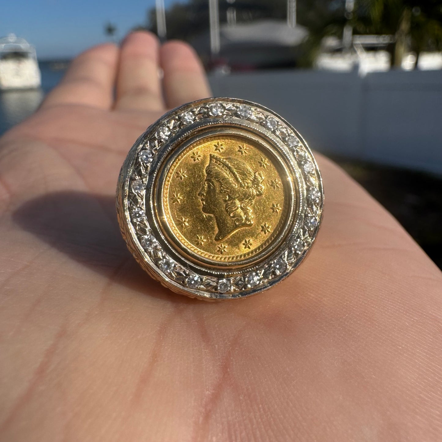 1853 $1 Gold Liberty Coin (22k) Solid 14k Yellow Gold Natural Diamond Halo Nugget Ring (7)
