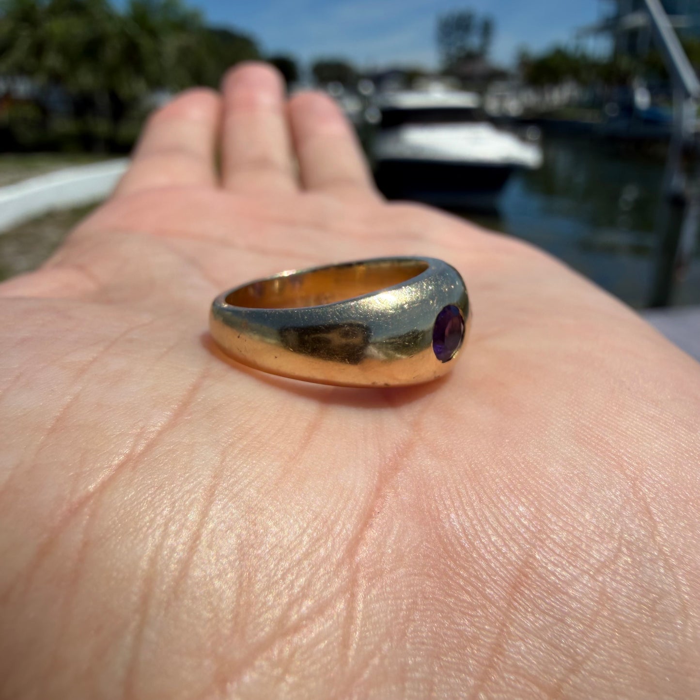 Art Deco Solid 14k Yellow Gold .75ctw Natural Old Euro Cut Diamond & Amethyst Trilogy Gypsy Ring (4.25)